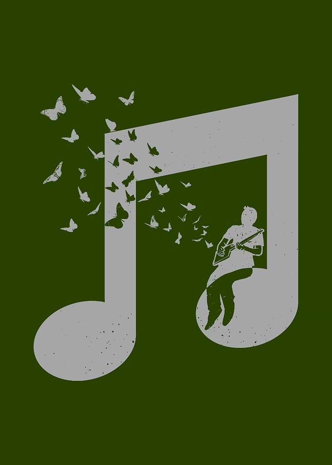 Musical Note with Butterflies and Guitarist - Cigar Box Guitar Music