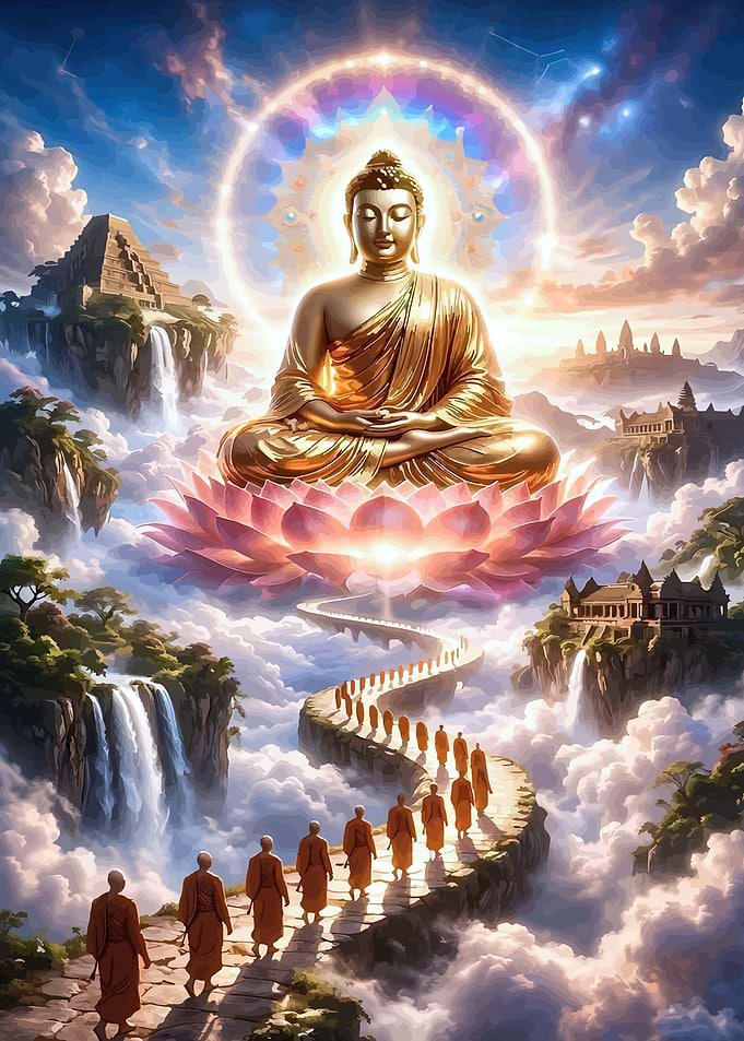 Golden Buddha on Lotus with Monks