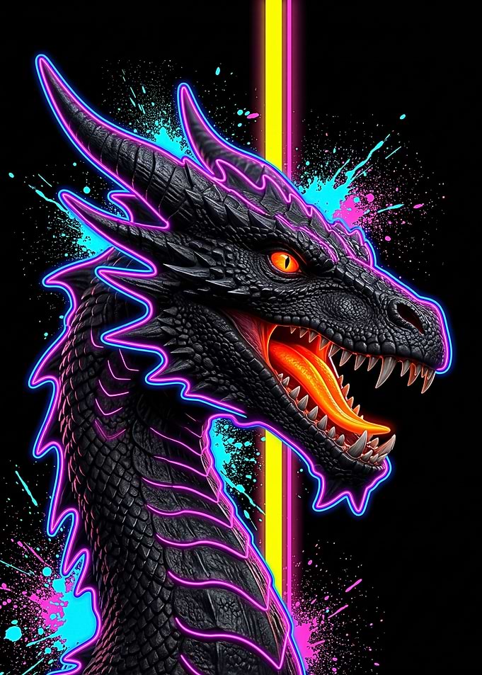 Neon Dragon Head with Splatter
