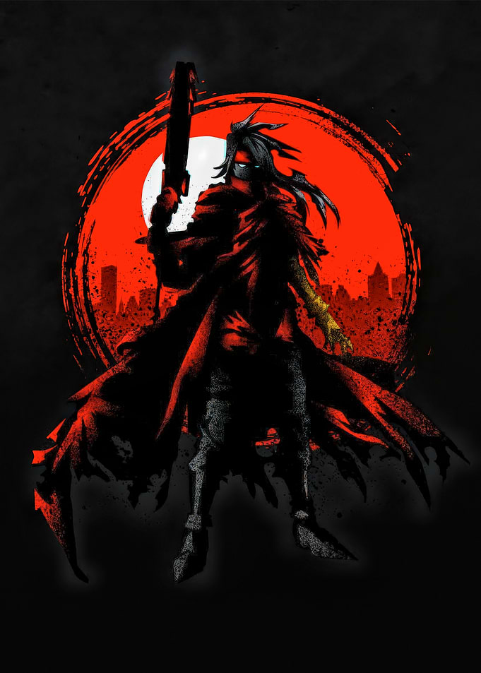 Anime Character with Gun and Cityscape