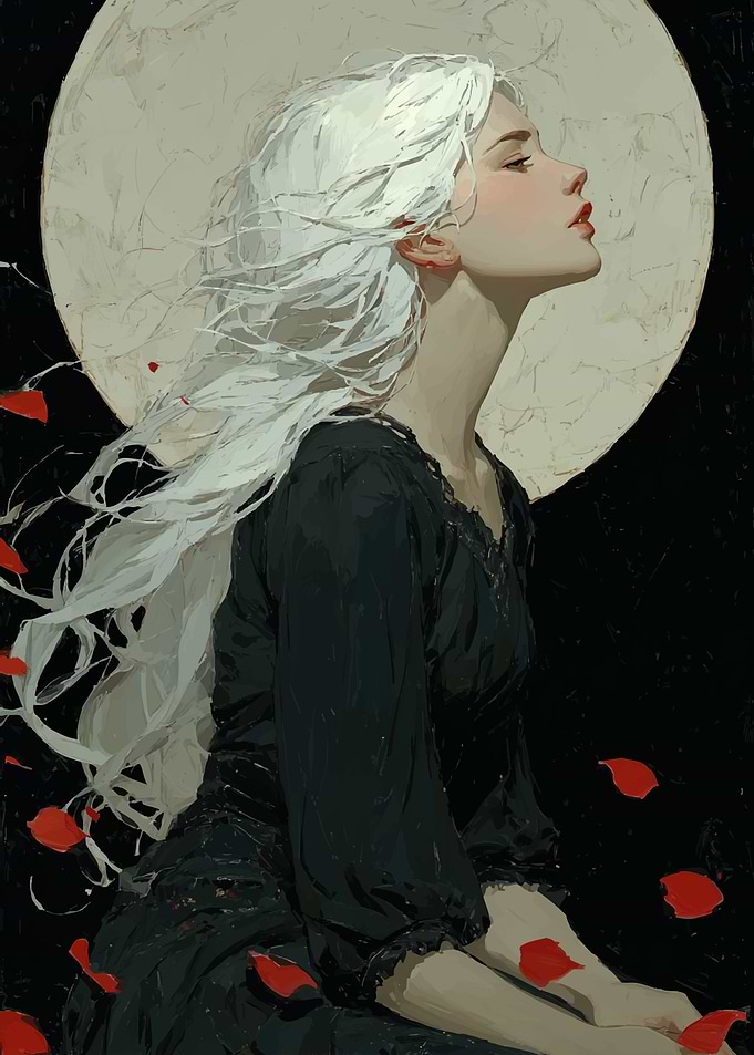 Woman with White Hair and Moon