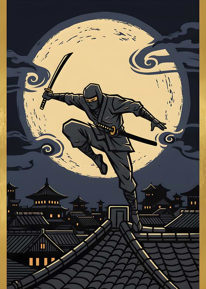 Ninja leaping over rooftops at night