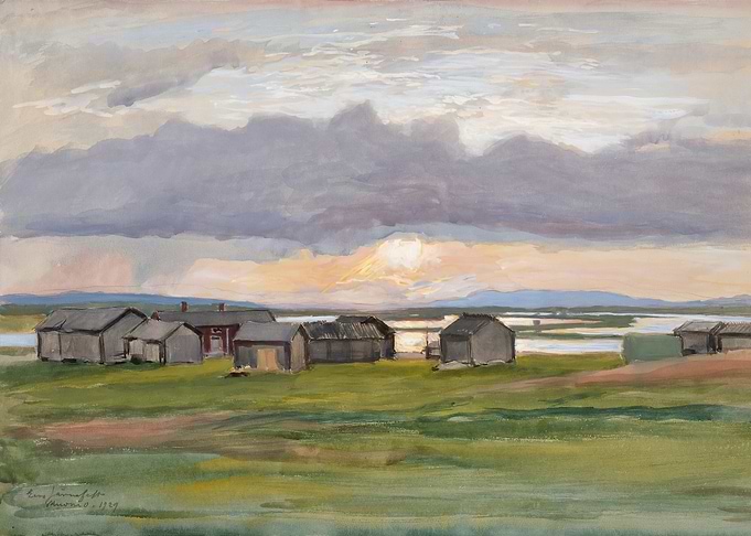 Village by the Water at Sunset
