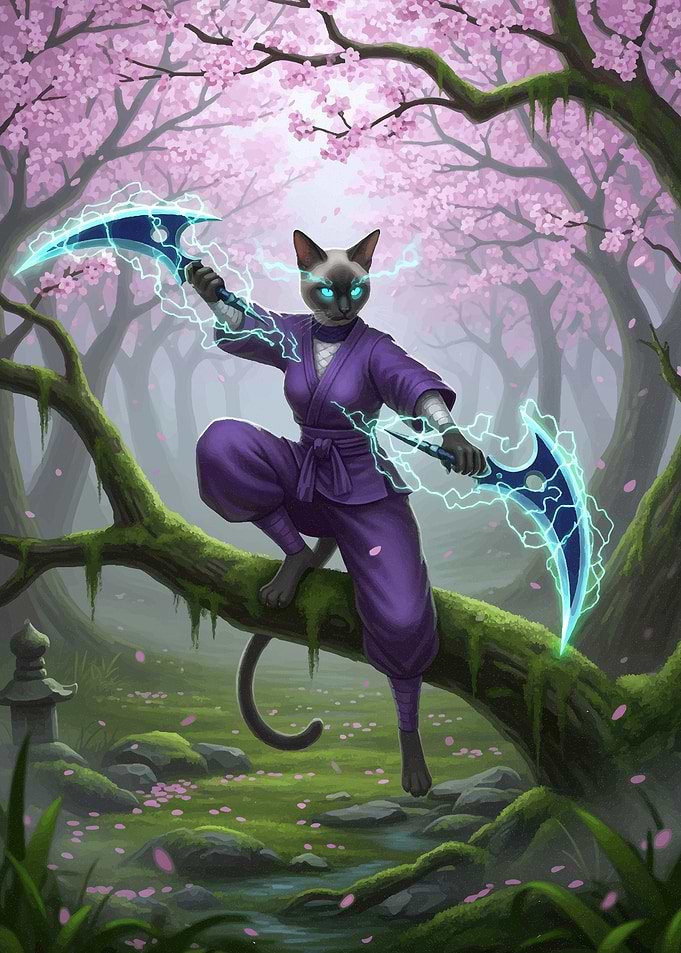 Ninja Cat Warrior with Lightning Weapons