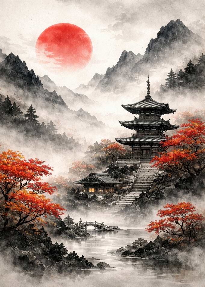 Misty Japanese Pagoda Landscape