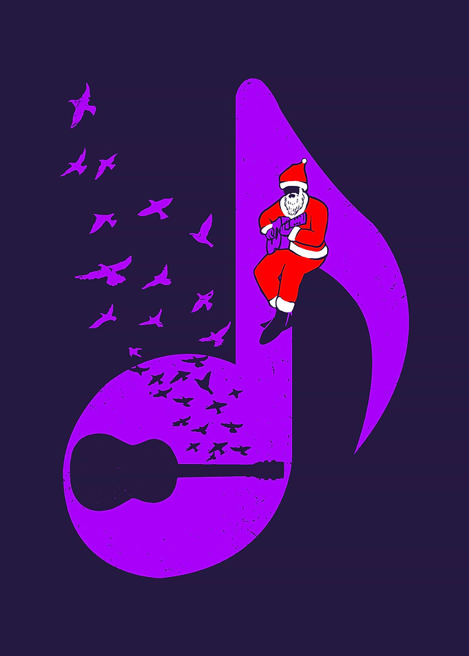 Santa Playing Guitar with Birds and Music Note