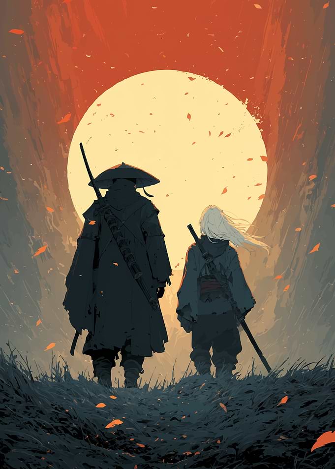 Samurai Duo Under a Giant Moon