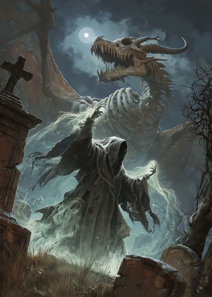 Grim Reaper and Skeleton Dragon in Graveyard