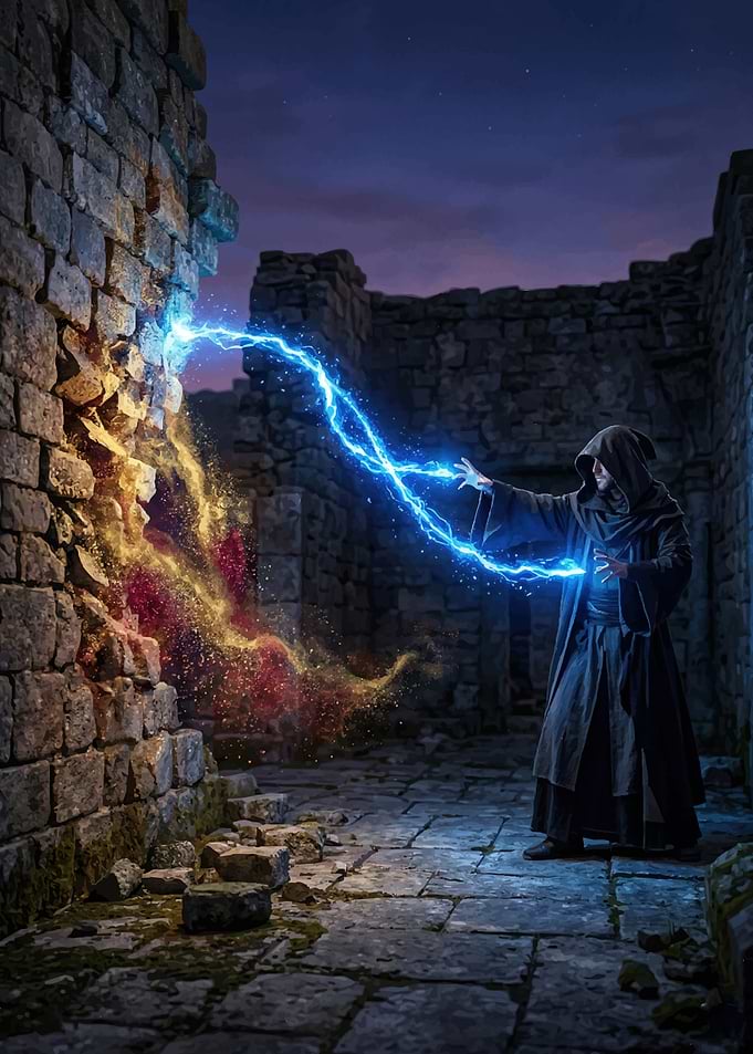 Wizard casting lightning spell in ruins