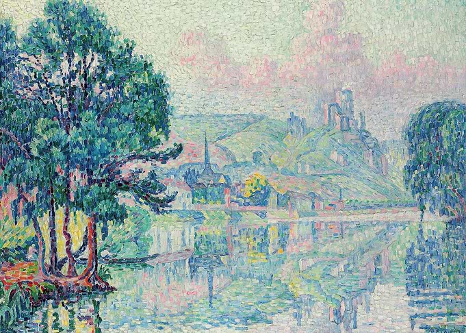 Pointillist River Landscape with Castle