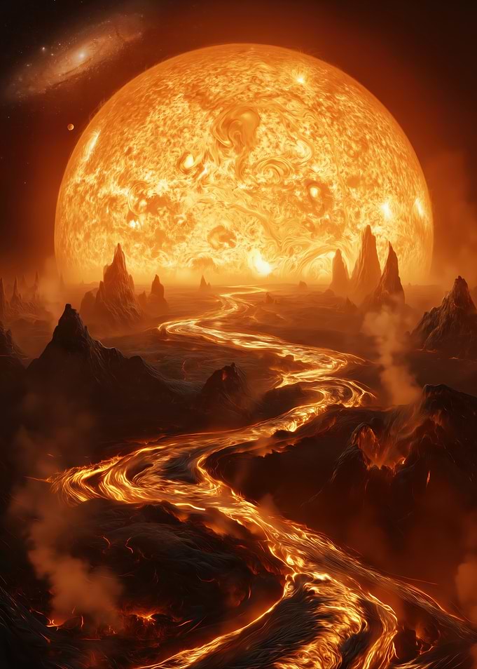 Fiery Alien Landscape with Giant Sun