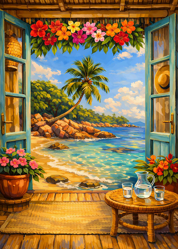 Tropical beach view from a window