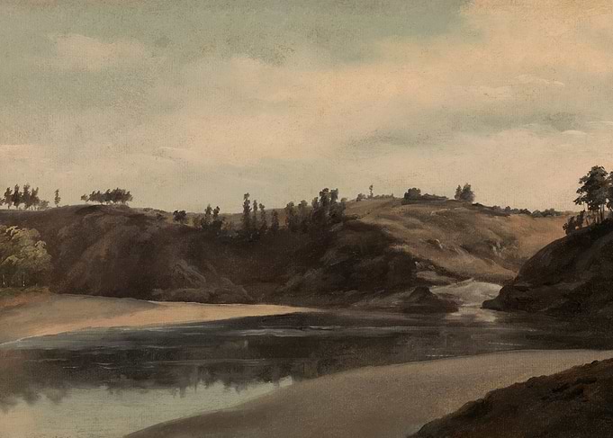 River landscape with rolling hills