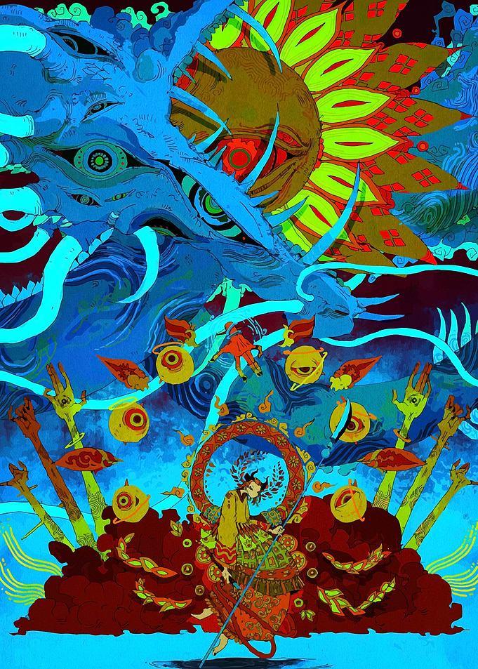 Mythical Figure with Dragon and Sun