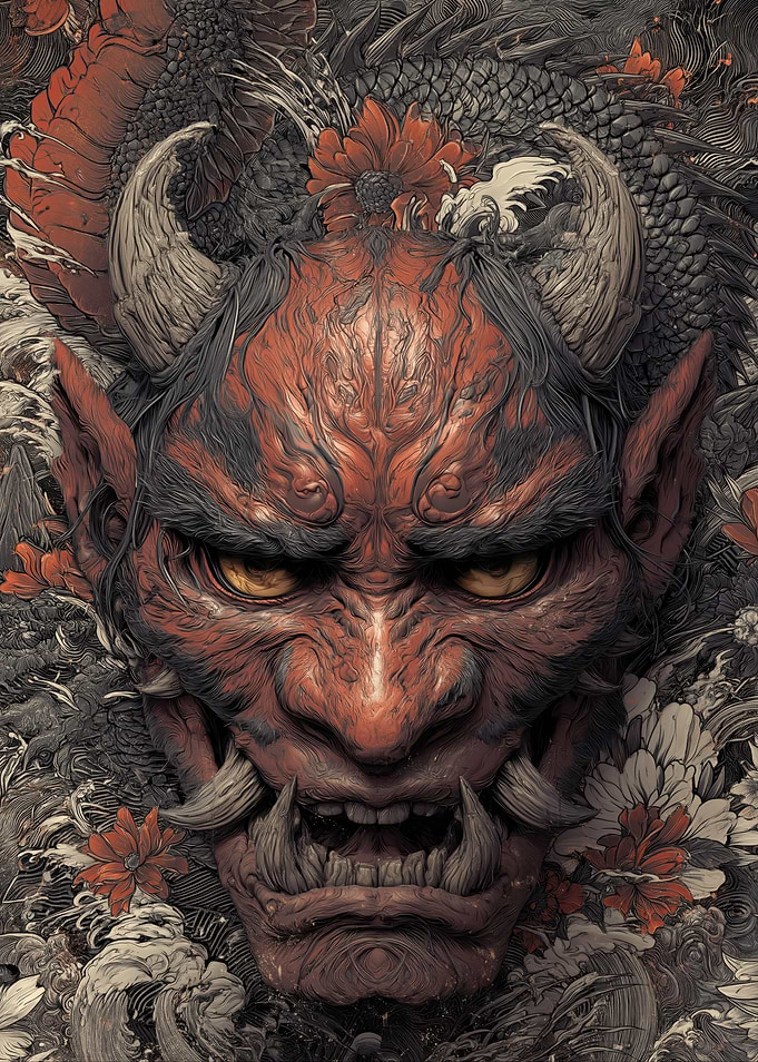 Demonic Oni Mask with Floral Accents