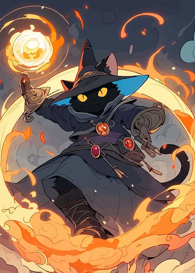 Black Cat Wizard Conjuring Fire