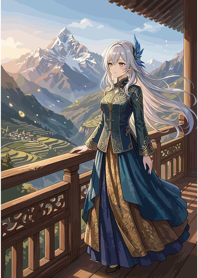 Anime Girl in Traditional Attire with Mountain View