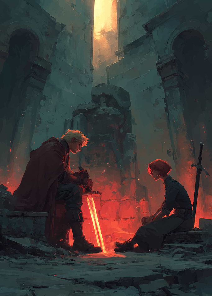 Two warriors in ruins with glowing swords