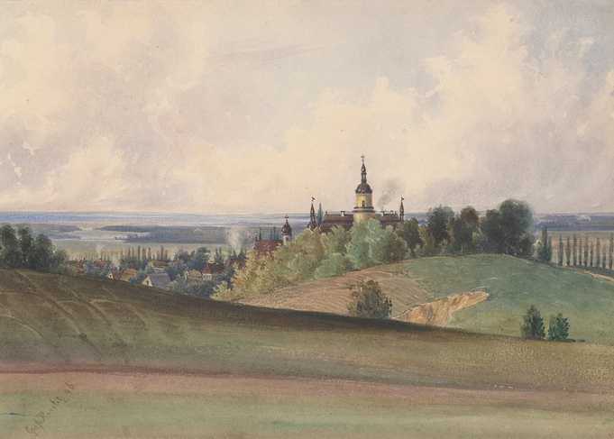 Watercolor Landscape of a Town and Monastery