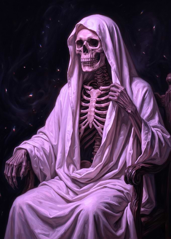 Skeleton in a White Hooded Robe
