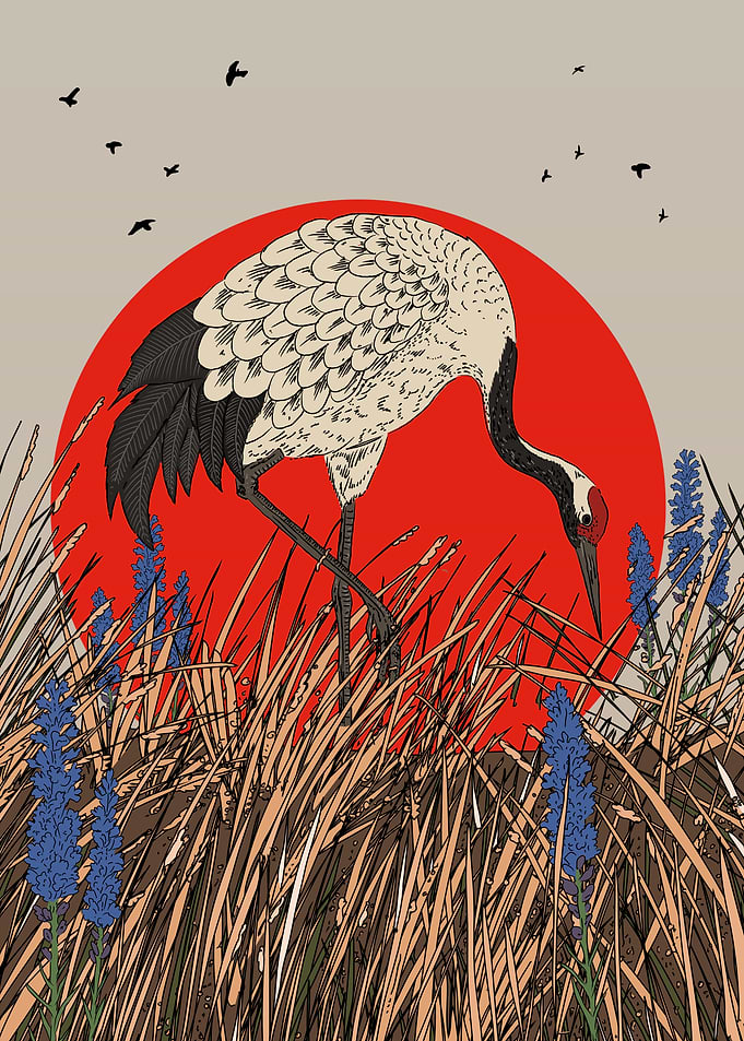 Crane in front of the sun with flowers