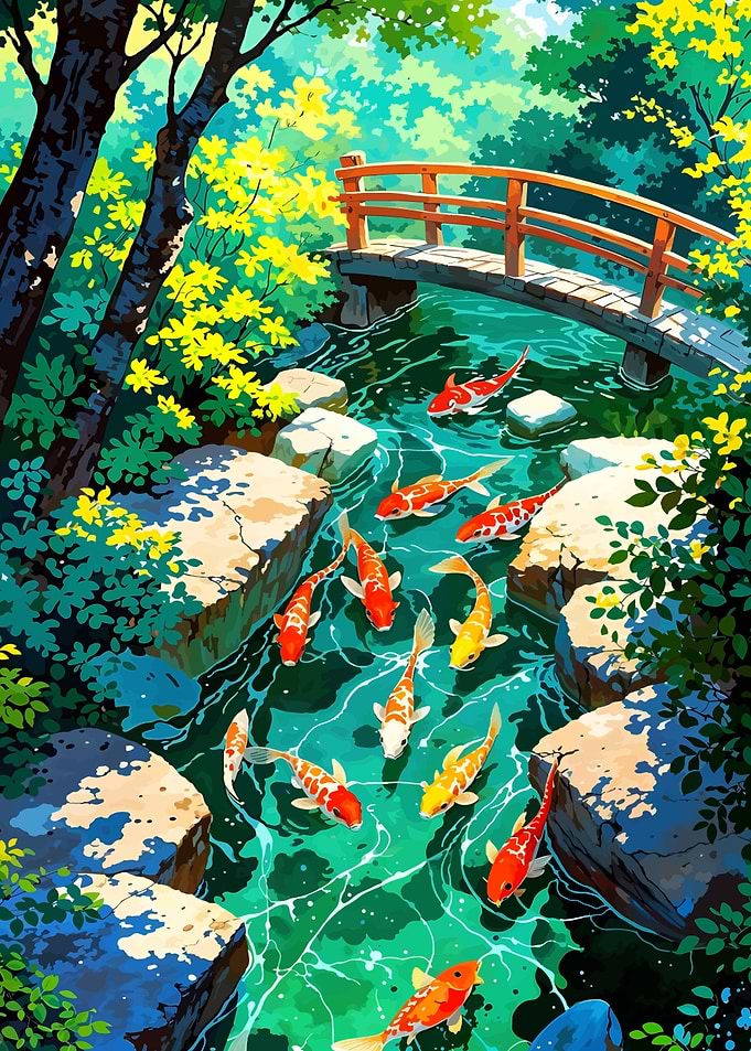 Koi Pond with Japanese Bridge