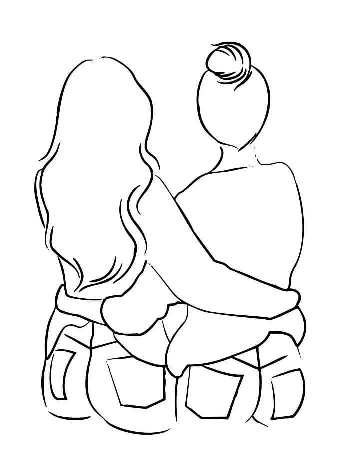 Two women hugging, line art