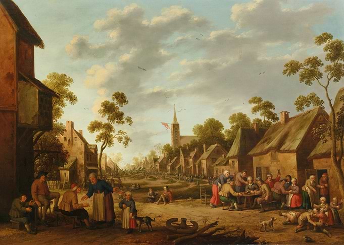 Village Scene with People and Church