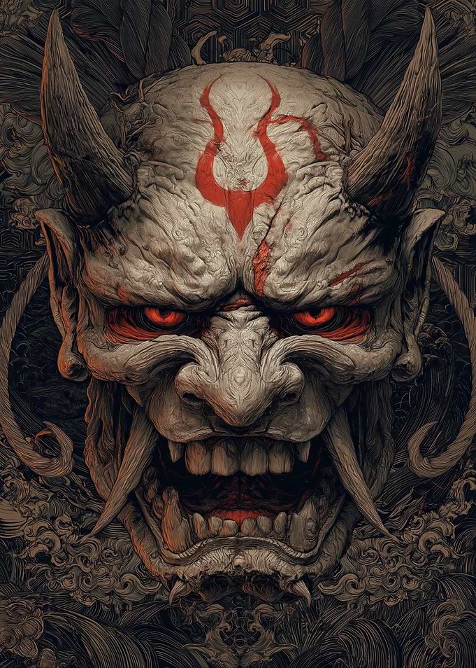 Demonic Oni Mask with Red Markings