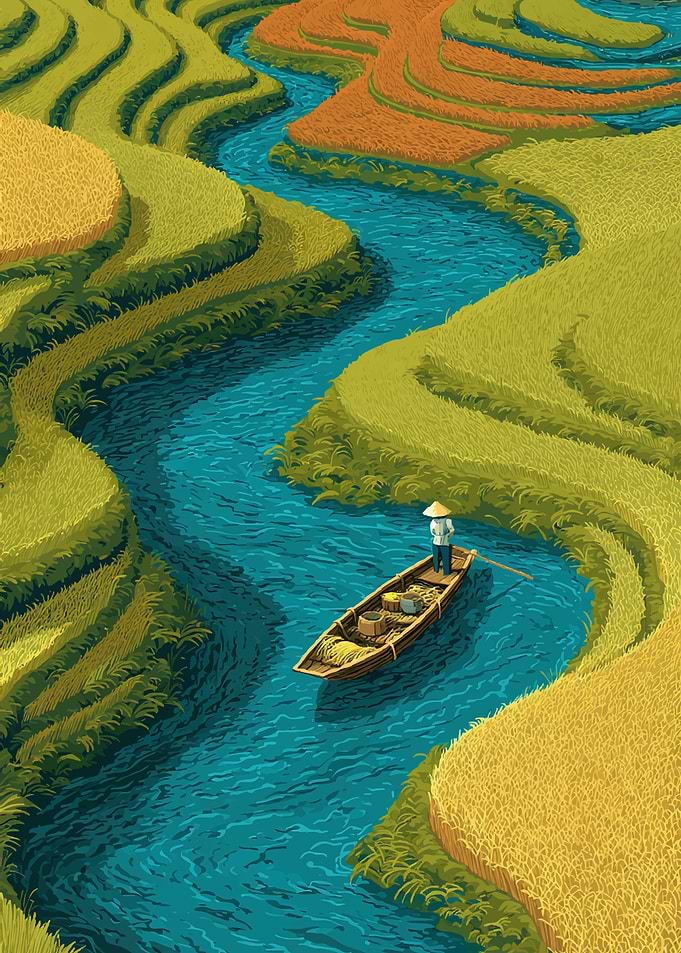 Farmer in a boat on rice terraces