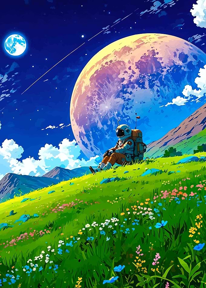 Astronaut on a grassy alien planet