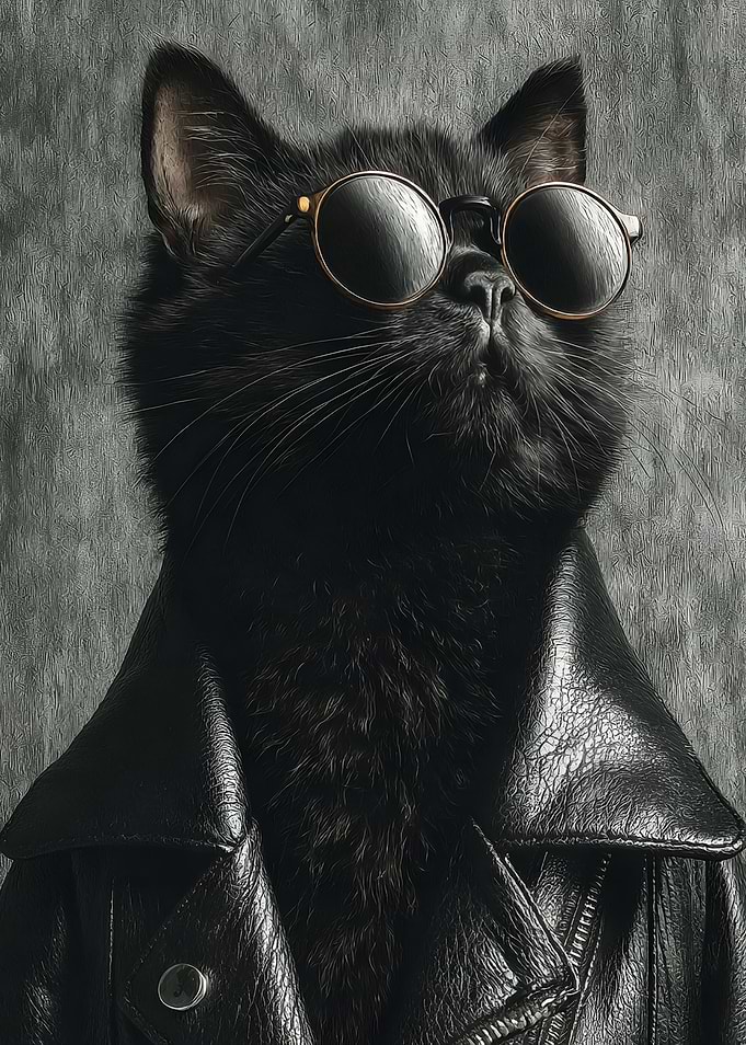 Black cat wearing sunglasses and leather jacket