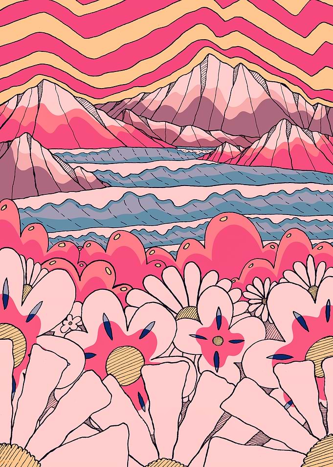 Psychedelic Floral Mountain Landscape