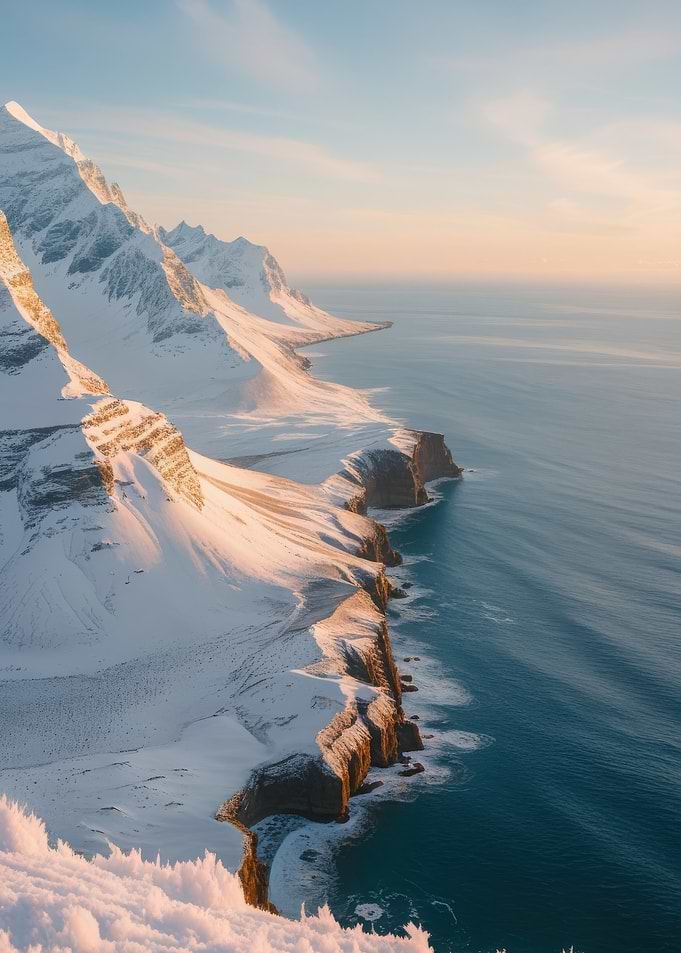 Snowy Mountains Meet the Ocean at Sunrise