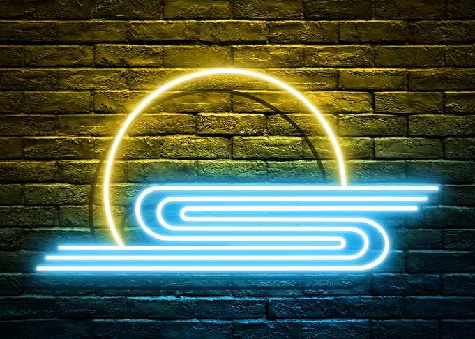 Neon Sunset and Waves - Simplified Nakayama Wall Art on a dark Brick Wall Background