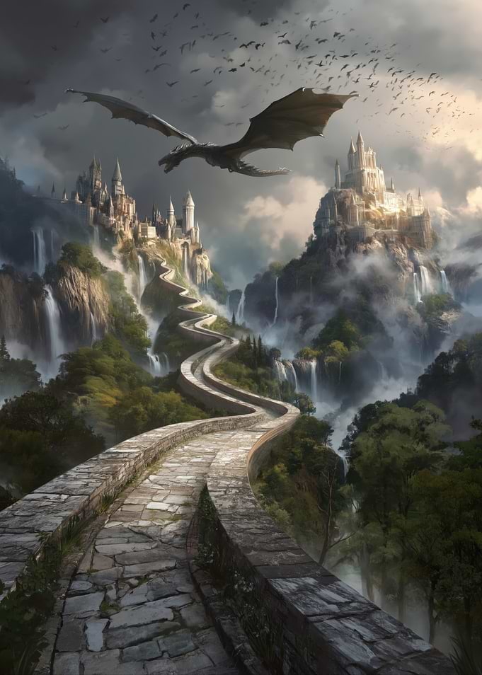 Dragon Flying over Fantasy Castles and Waterfalls