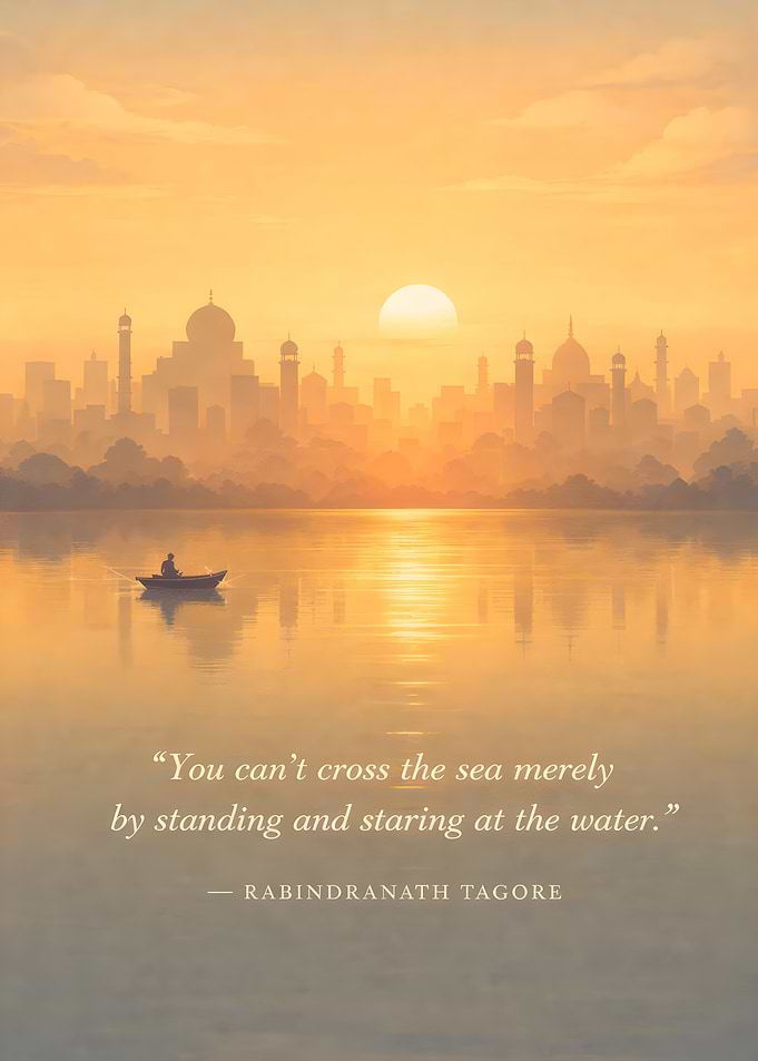 Sunrise over a city with a boat