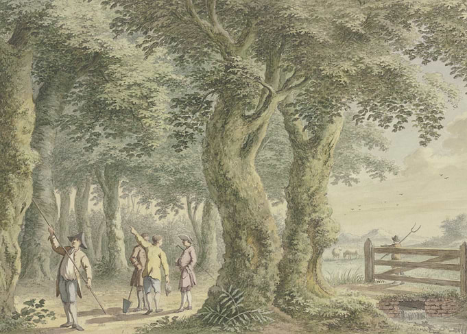 Men in a Forest with Farm Scene