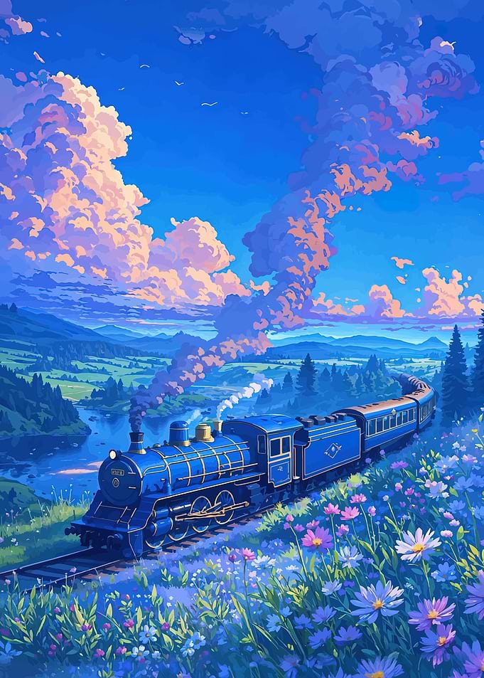 Blue Train in a Floral Landscape