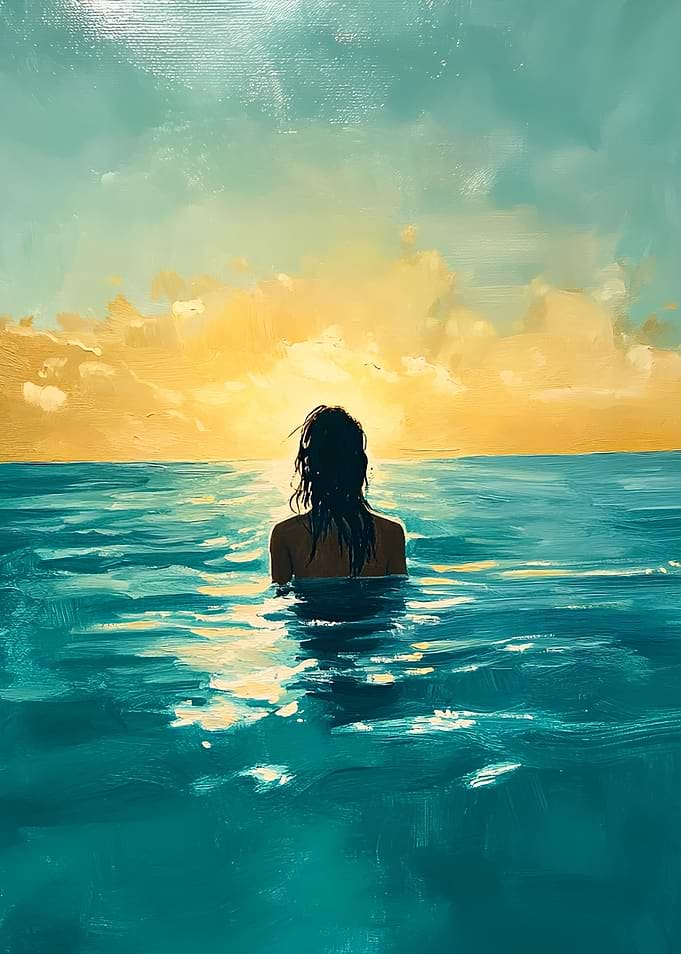 Woman in the ocean at sunset