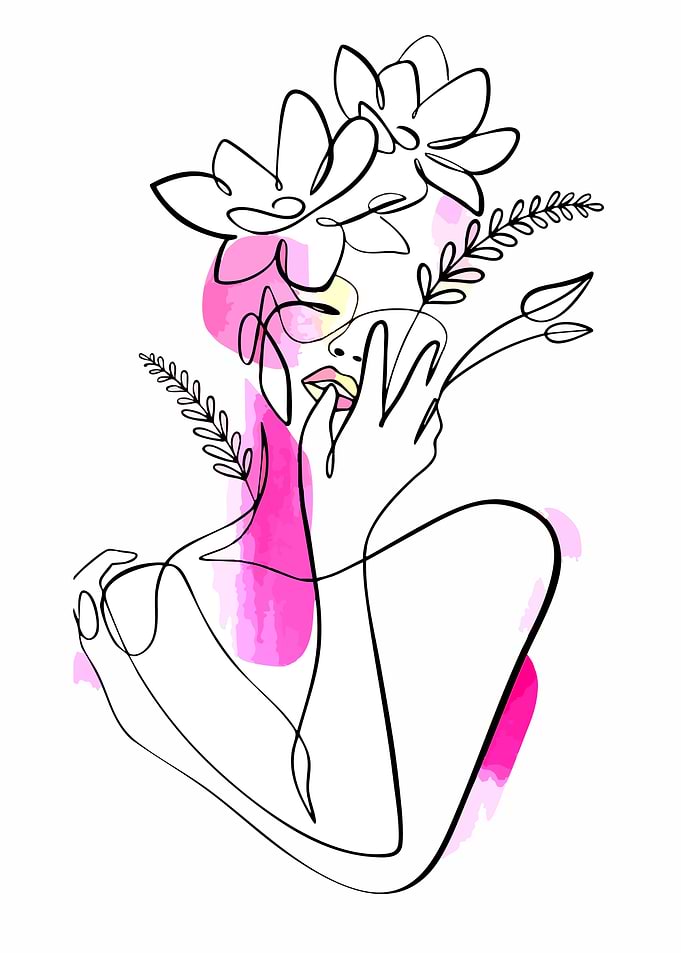 Abstract Woman with Flowers Line Art