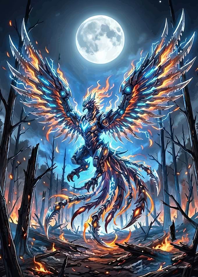 Cybernetic Phoenix in Moonlit Forest