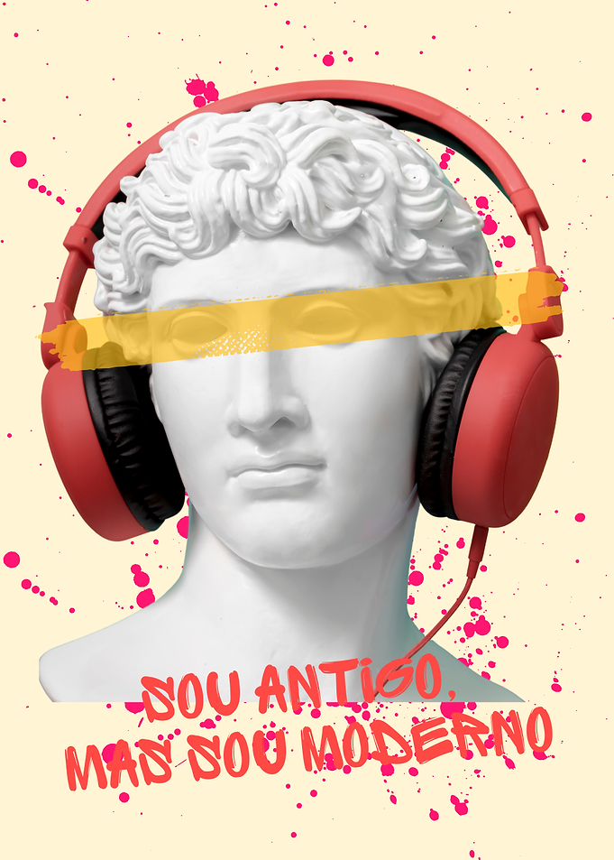 Statue with Headphones and Text
