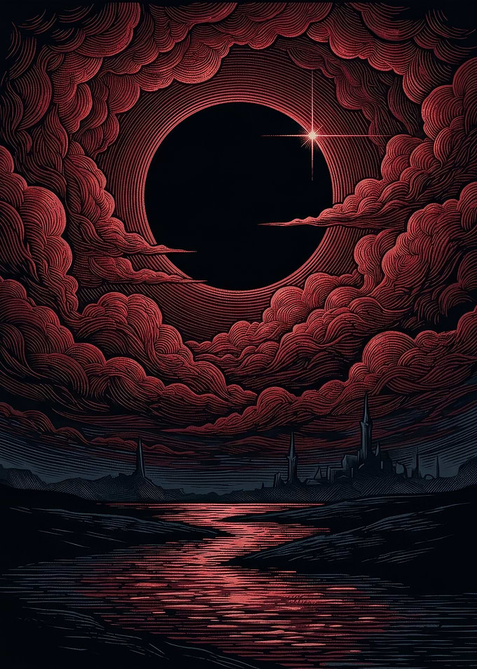 Dark Eclipse Over Red Clouds and Water