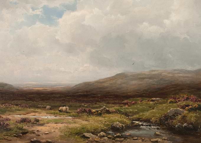 Moorland Landscape with Sheep and Stream