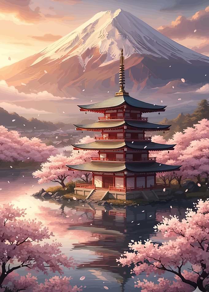 Pagoda by Mount Fuji with Cherry Blossoms