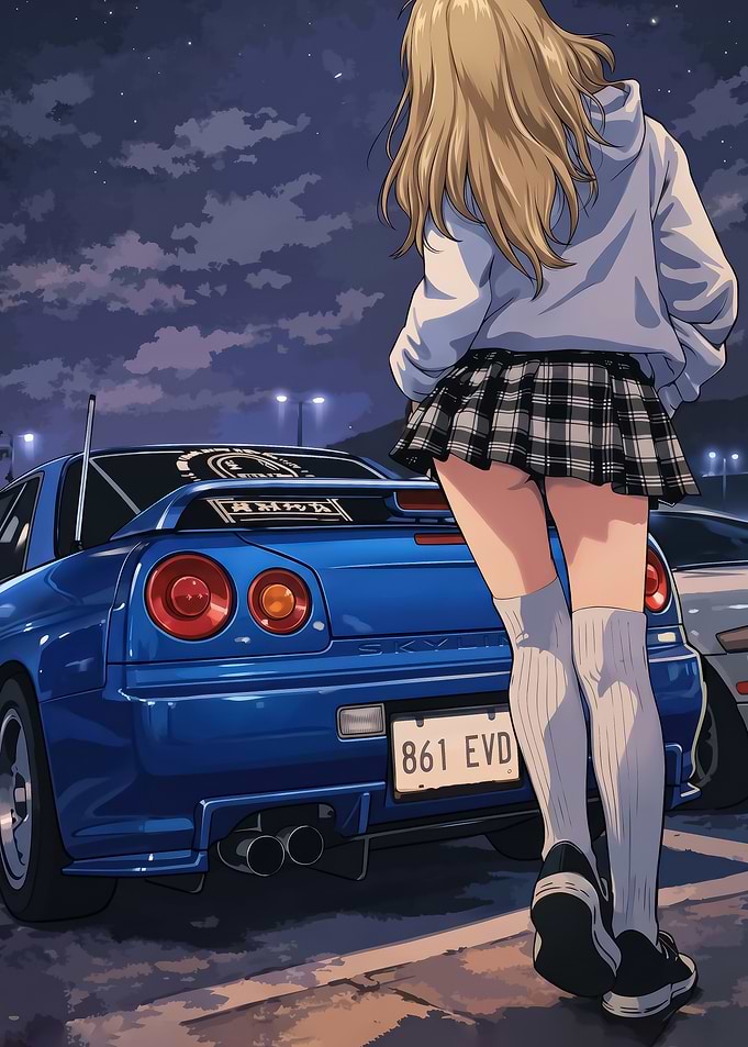 Anime Girl and Blue skyline gtr r34 Sports Car