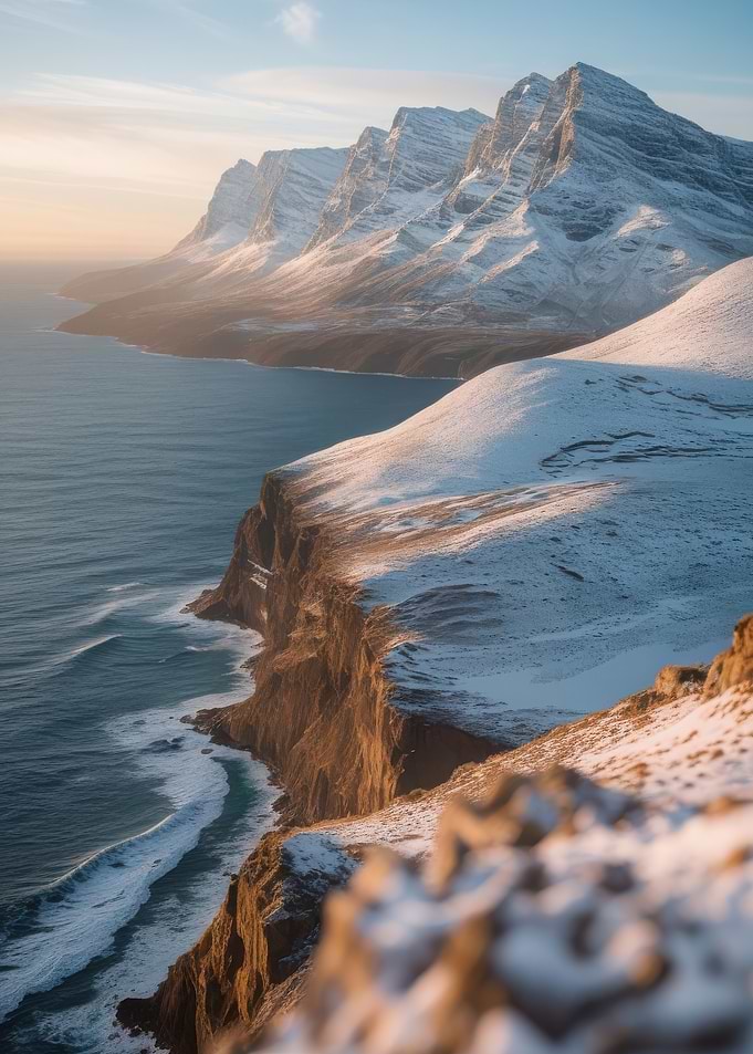 Snow-dusted mountains meet the ocean
