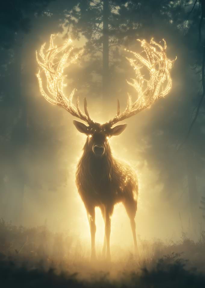 Glowing Stag in Misty Forest
