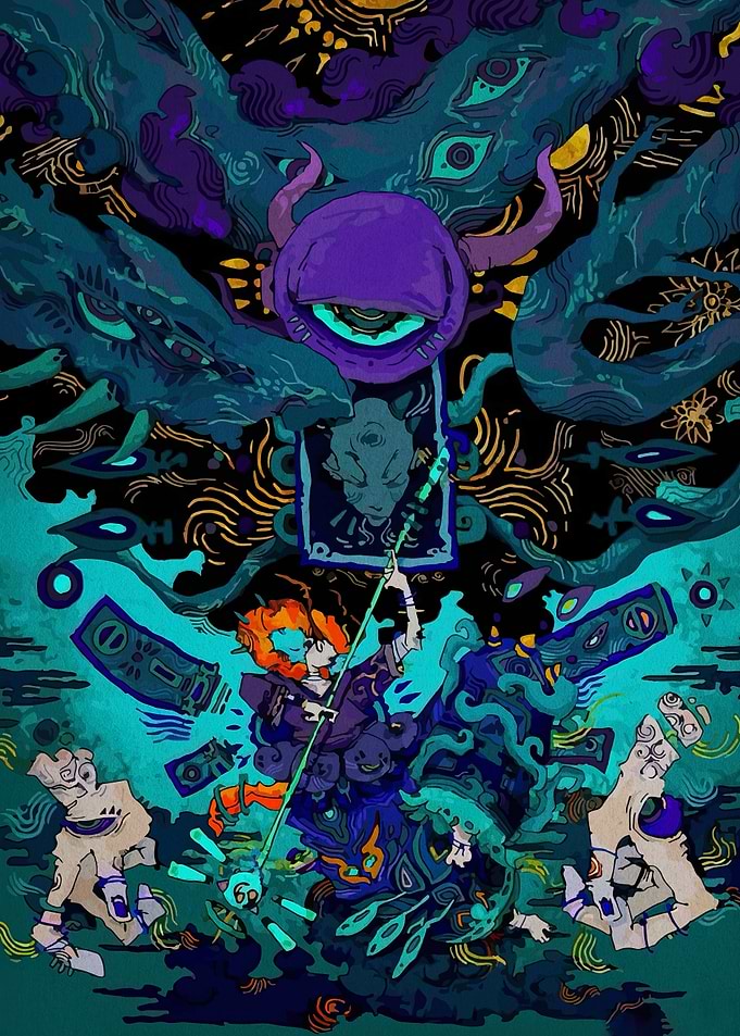 Mystical Battle Scene with One-Eyed Creature